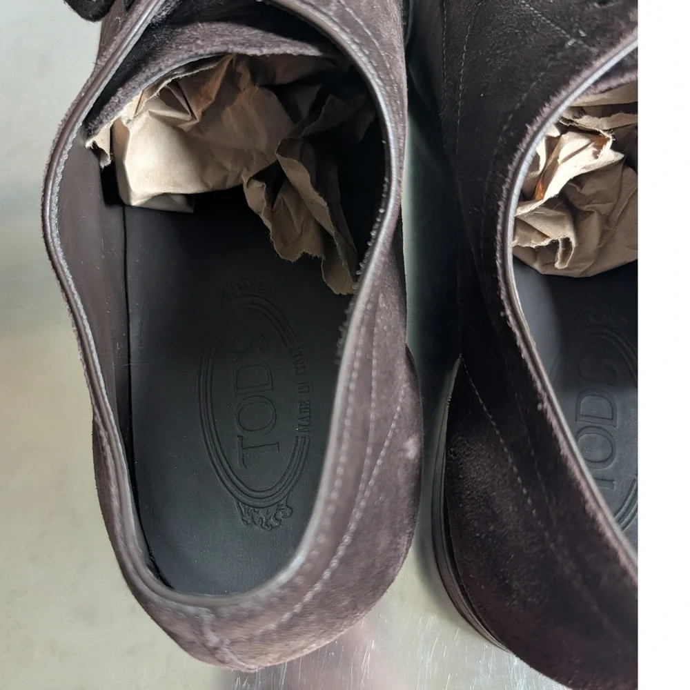 Tods Mens Dark Brown Suede Derby Shoes Apron Toe Lace Up Italy Size 10